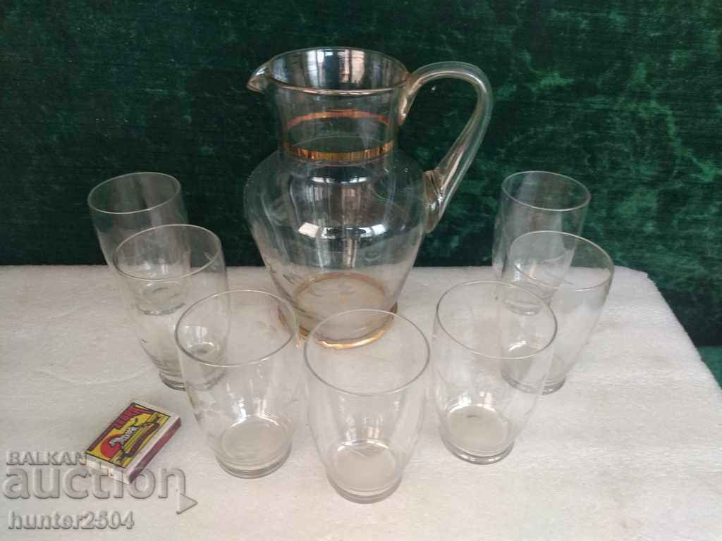 Сервиз кана+ чаши за вода,гравирани,тънко стъкло