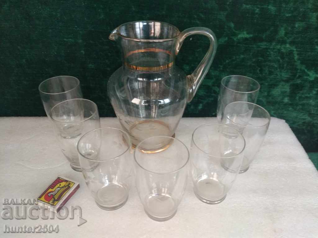Service set for a carafe + water glasses, engraved, thin glass