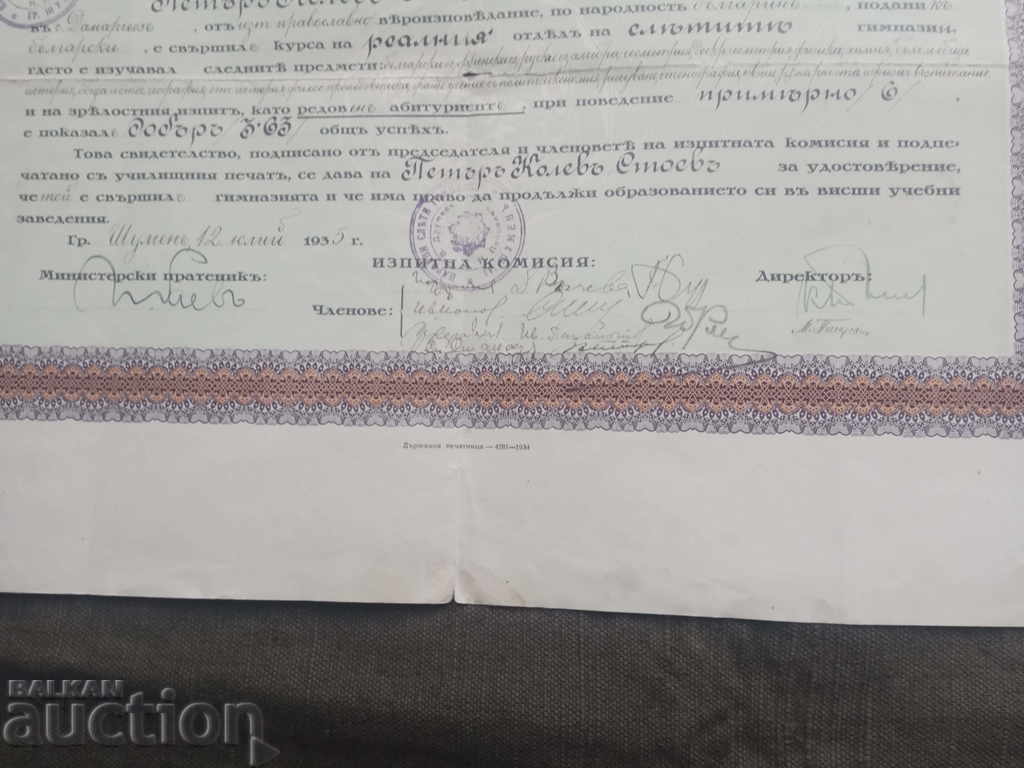High School Diploma Shumen 1935 with price 80.00 BGN | € 40.90 High School Diploma Shumen 1935 with price 80.00 BGN | € 40.90