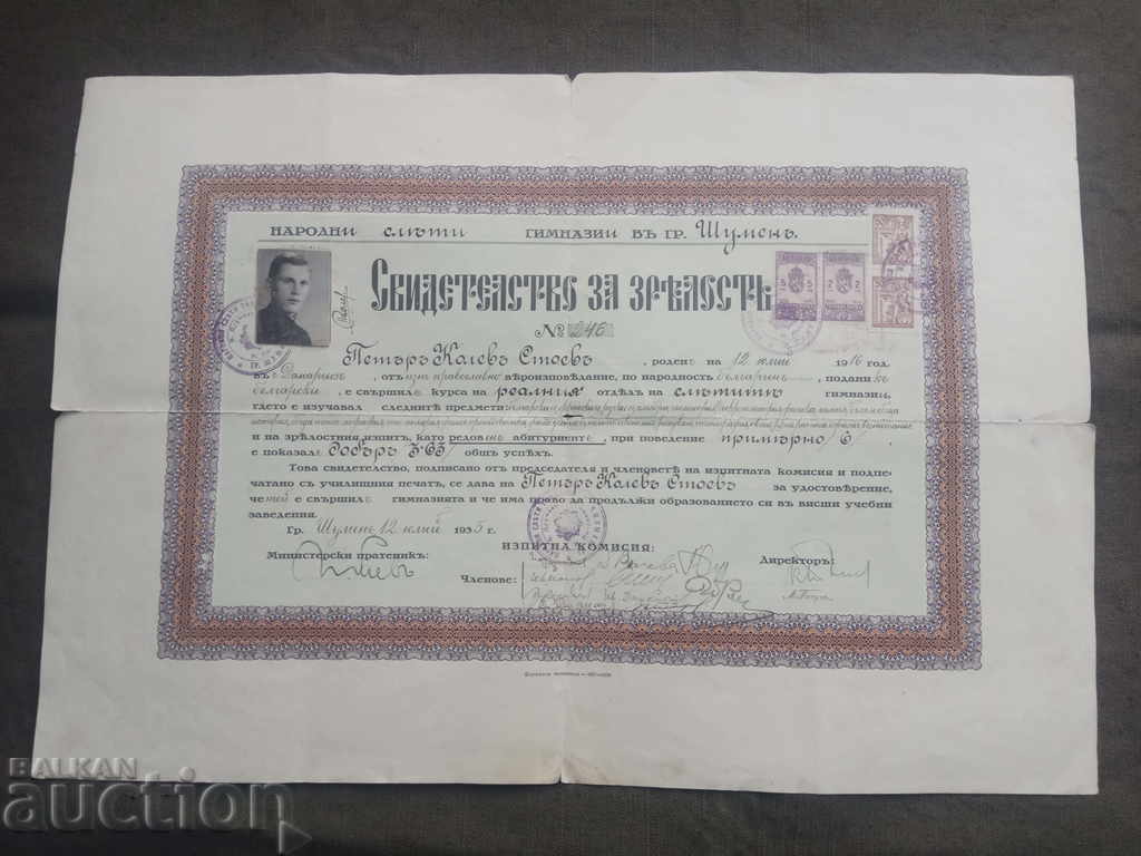 Certificate of maturity Shumen High School 1935