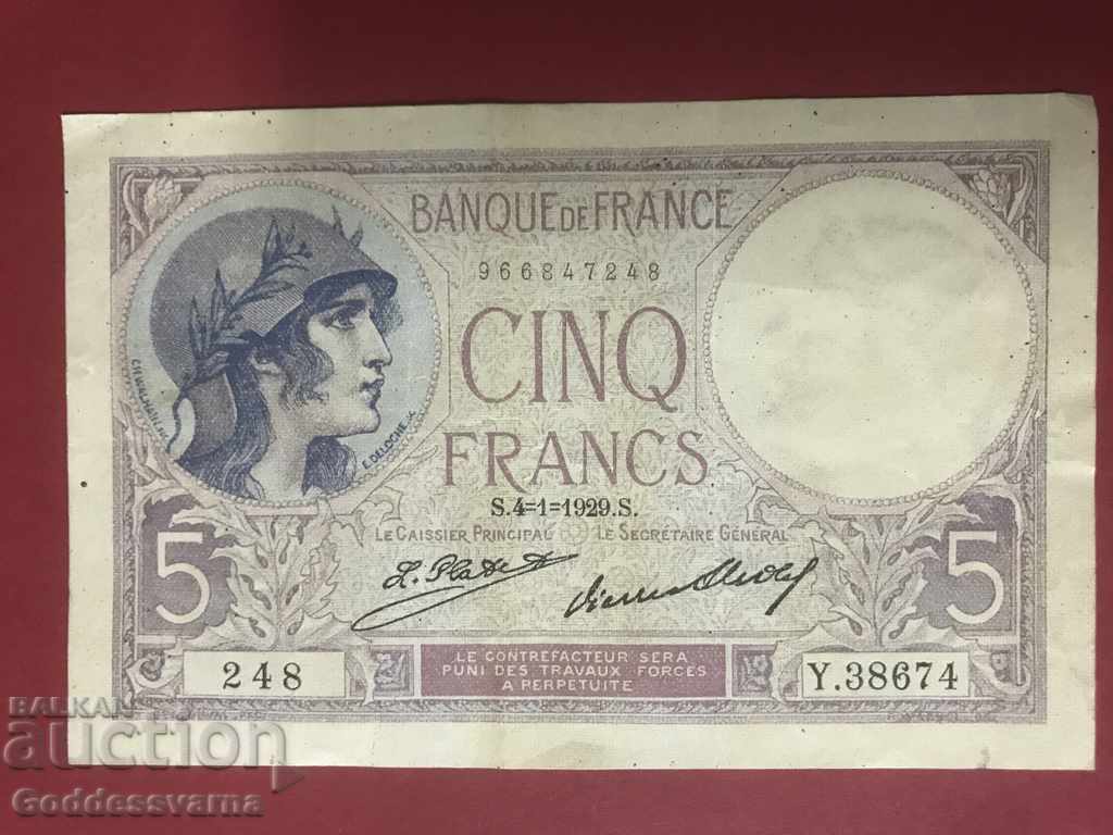 Franța 5 franci 1929 Pick 72d Ref 8674