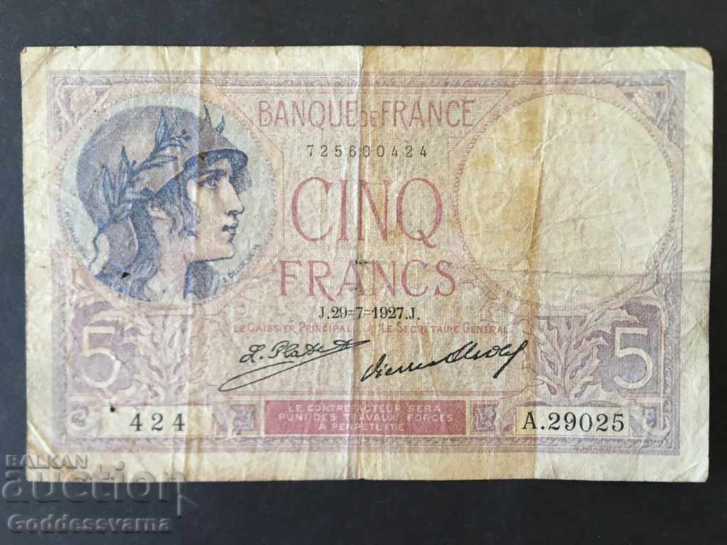 Γαλλία 5 φράγκα 1927 Διαλέξτε 72δ Ref 9025