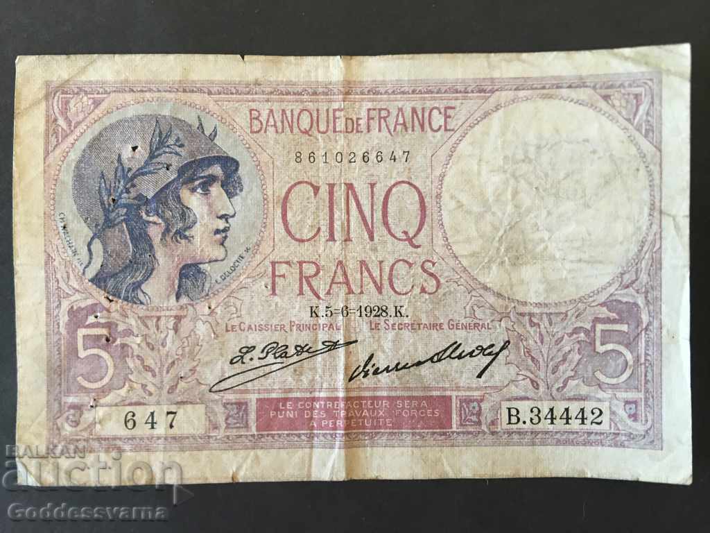 Franța 5 franci 1928 Pick 72d Ref 4442