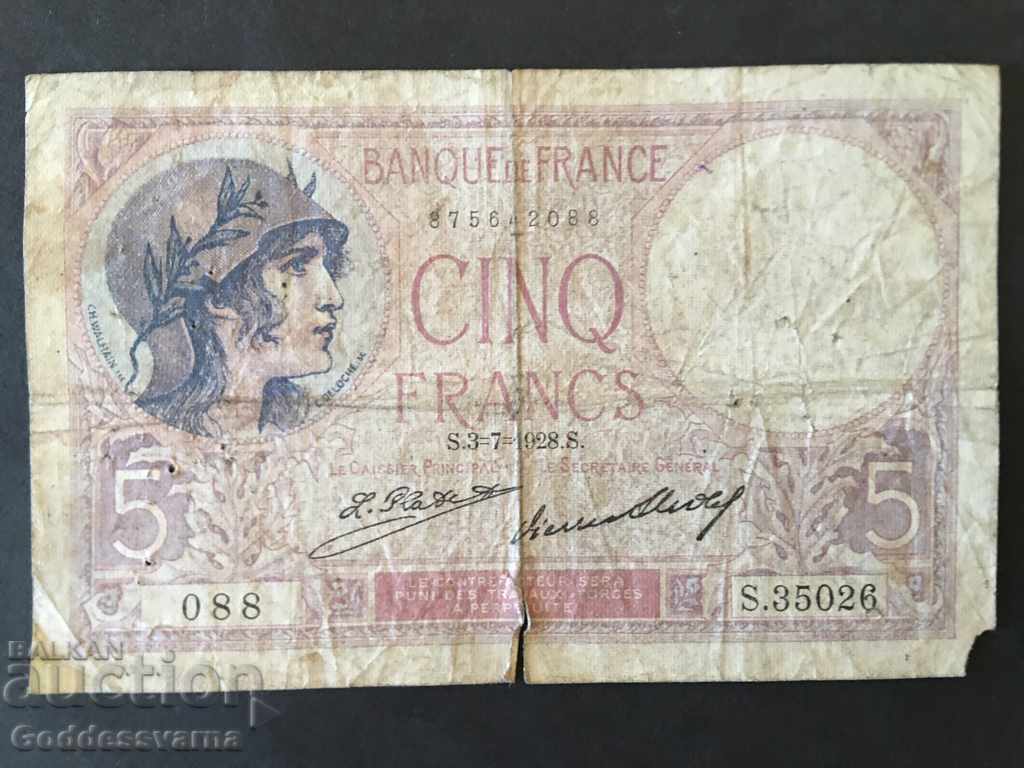 France 5 francs 1928 Pick 72d Ref 5062