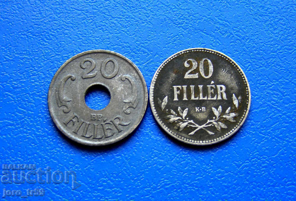 Унгария - 2бр. 20 филера /20 Fillér/ - 1916,1943 г.