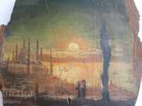 Old small painting drawing oil on wood Istanbul Bosphorus