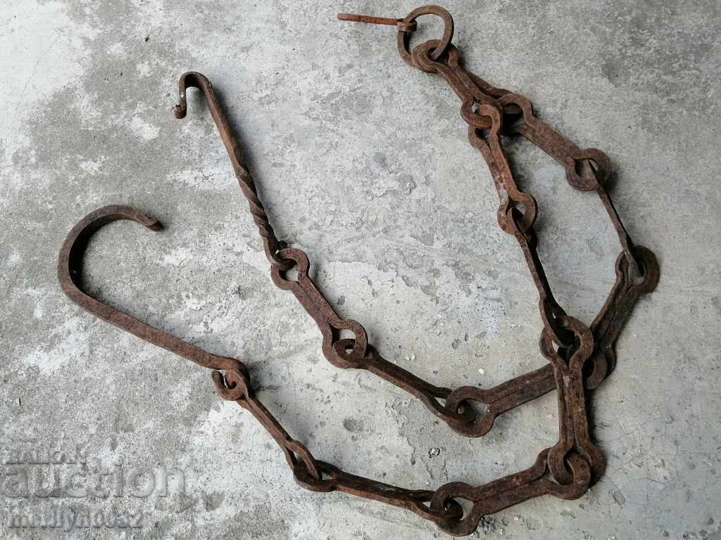 Auction  Old forged chain with hook, hearth for hearth chain hook