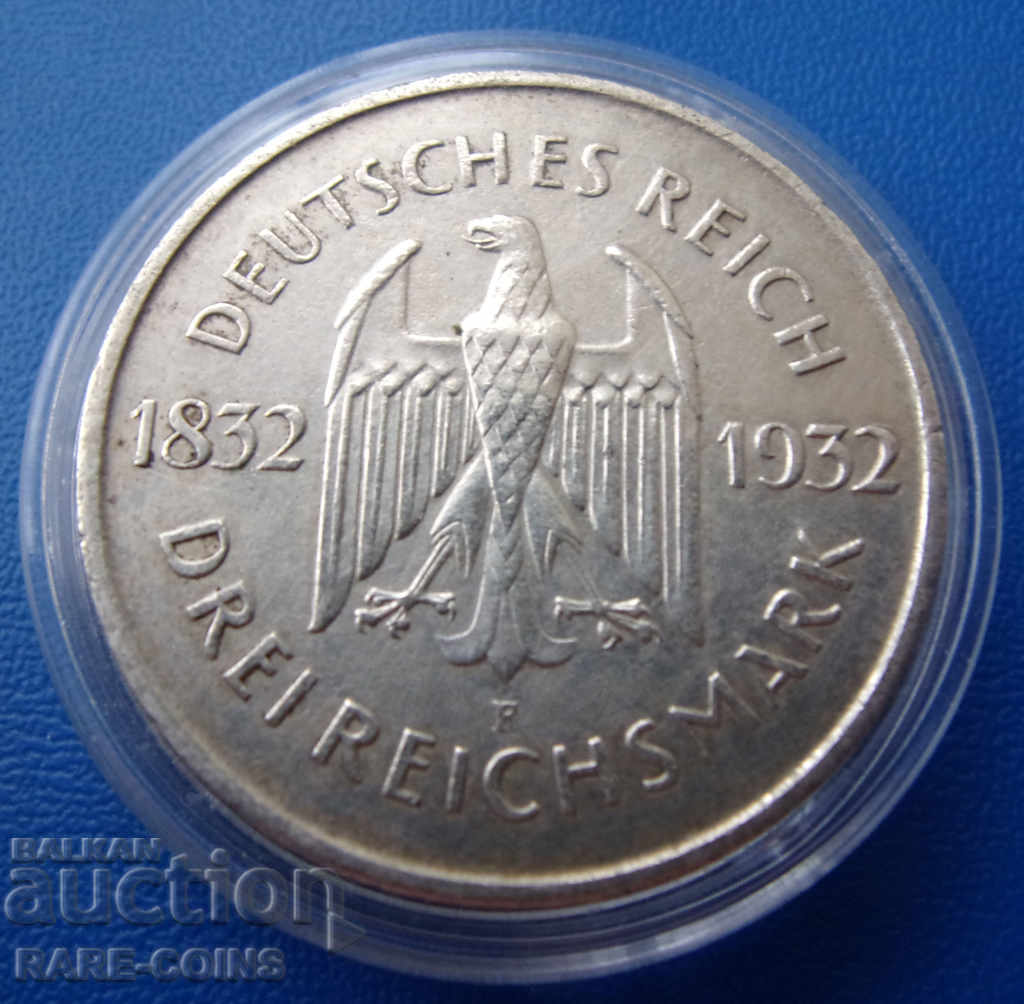 Weimar Jubilee 3 Mark 1932 F Σπάνιο πρωτότυπο με τιμή € 115.04 | 225.00 BGN