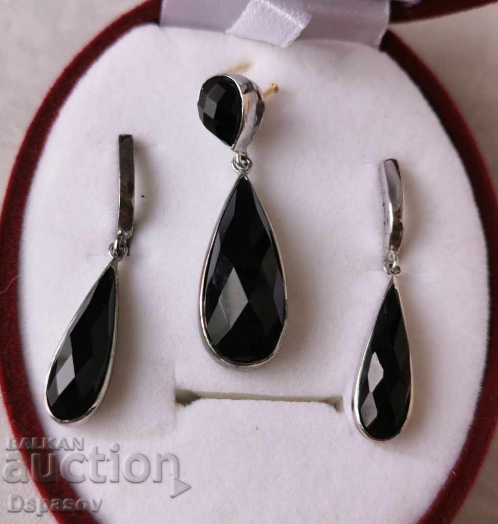 Silver Set of Earrings and Pendant with Black Zircons