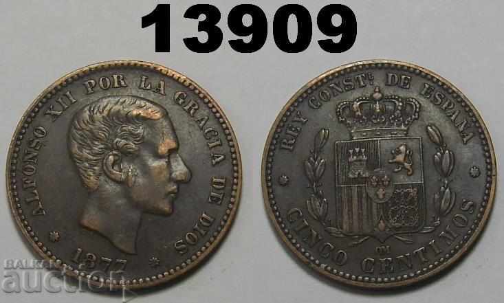 Spania 5 centimos 1877 monedă aXF