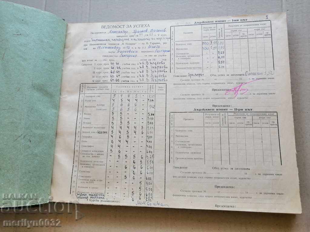 Auction Book Statement of Success of High School Students 1964-65 People's Republic of Bulgaria Auction Book Statement of Success of High School Students 1964-65 People's Republic of Bulgaria