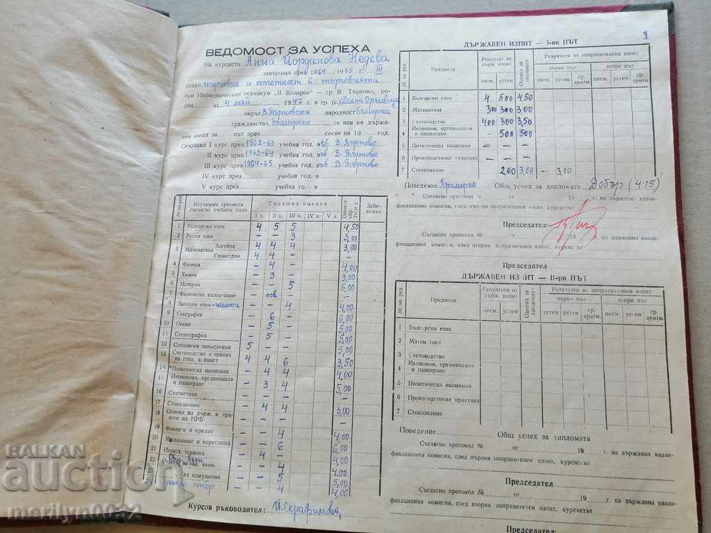 Auction Book Statement of Success of High School Students 1964-65 People's Republic of Bulgaria Auction Book Statement of Success of High School Students 1964-65 People's Republic of Bulgaria