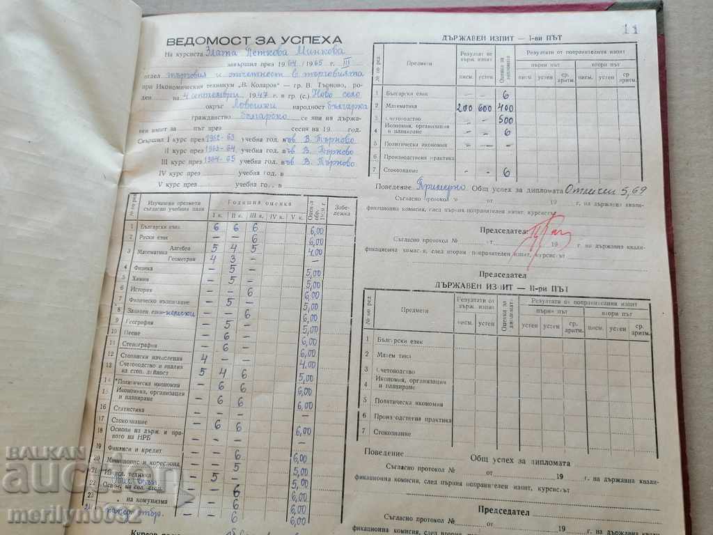 Book Statement of Success of High School Students 1964-65 People's Republic of Bulgaria - 5 Book Statement of Success of High School Students 1964-65 People's Republic of Bulgaria - 5