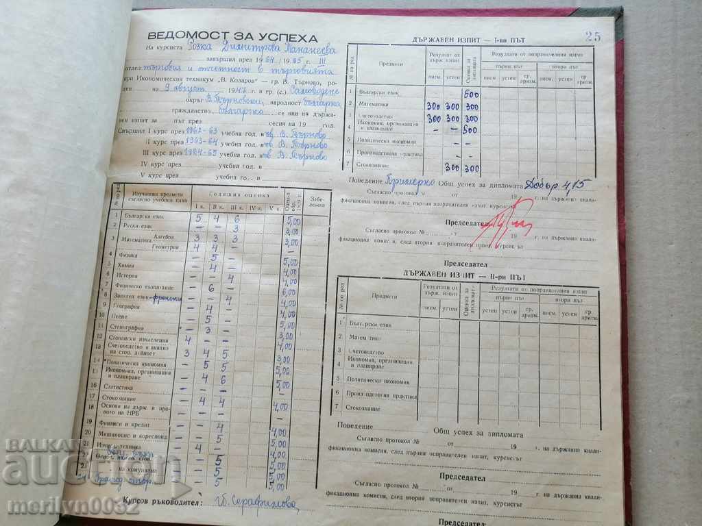 Book Statement of Success of High School Students 1964-65 People's Republic of Bulgaria - 6 Book Statement of Success of High School Students 1964-65 People's Republic of Bulgaria - 6