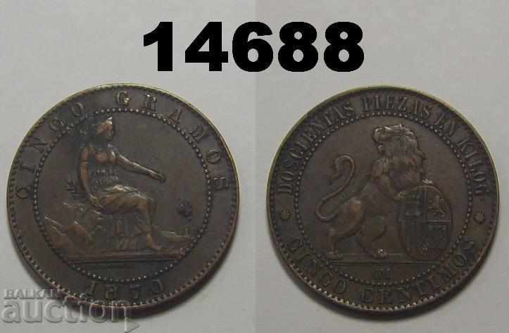 Spania 5 centimos 1870 XF Monedă excelentă
