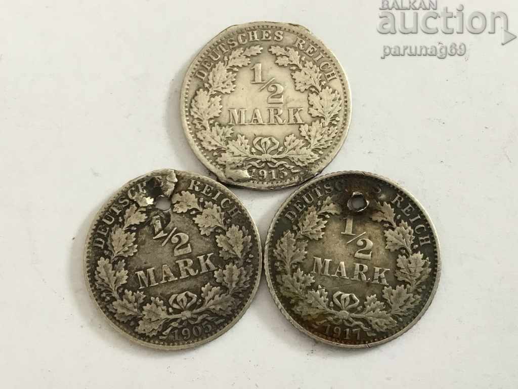 Германия 3 броя по 1/2 марка 1905,1915,1917- Сребрo (L.32)