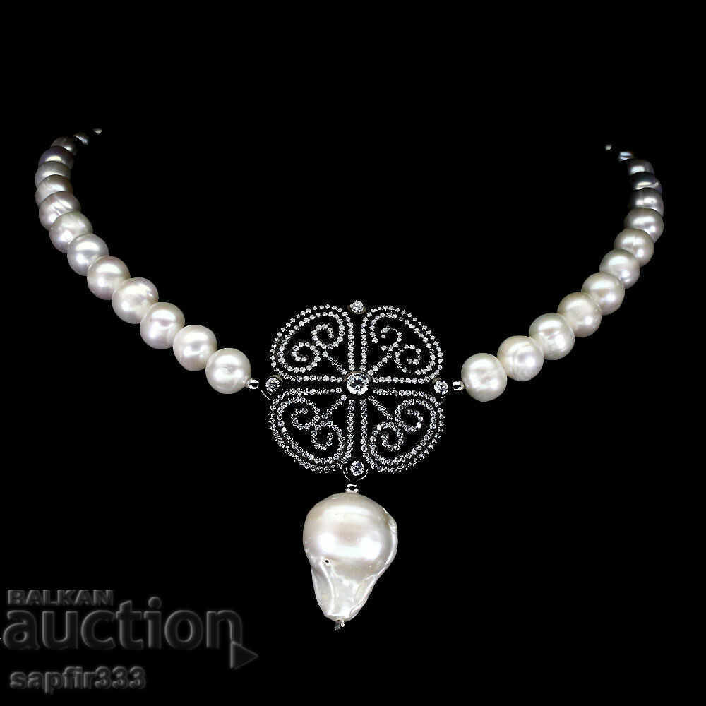 STYLISH AND EXQUISITE NECKLACE WITH NATURAL PEARLS AND ZIRCONS