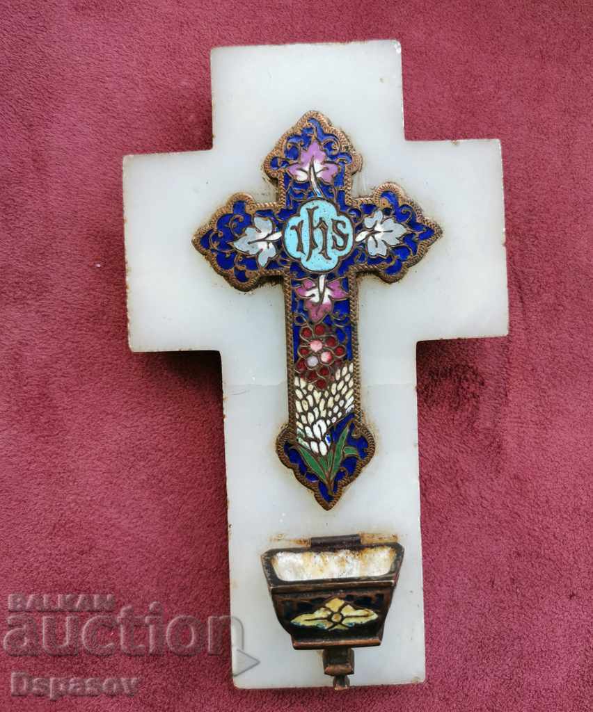 Antique Cross Enamel Holy Water on Marble for Wall