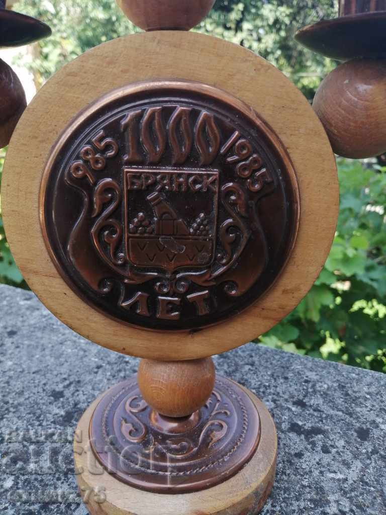 WOODEN CANDLEHOLDER WITH COPPER APPLICATIONS BRYANSK - 5 WOODEN CANDLEHOLDER WITH COPPER APPLICATIONS BRYANSK - 5