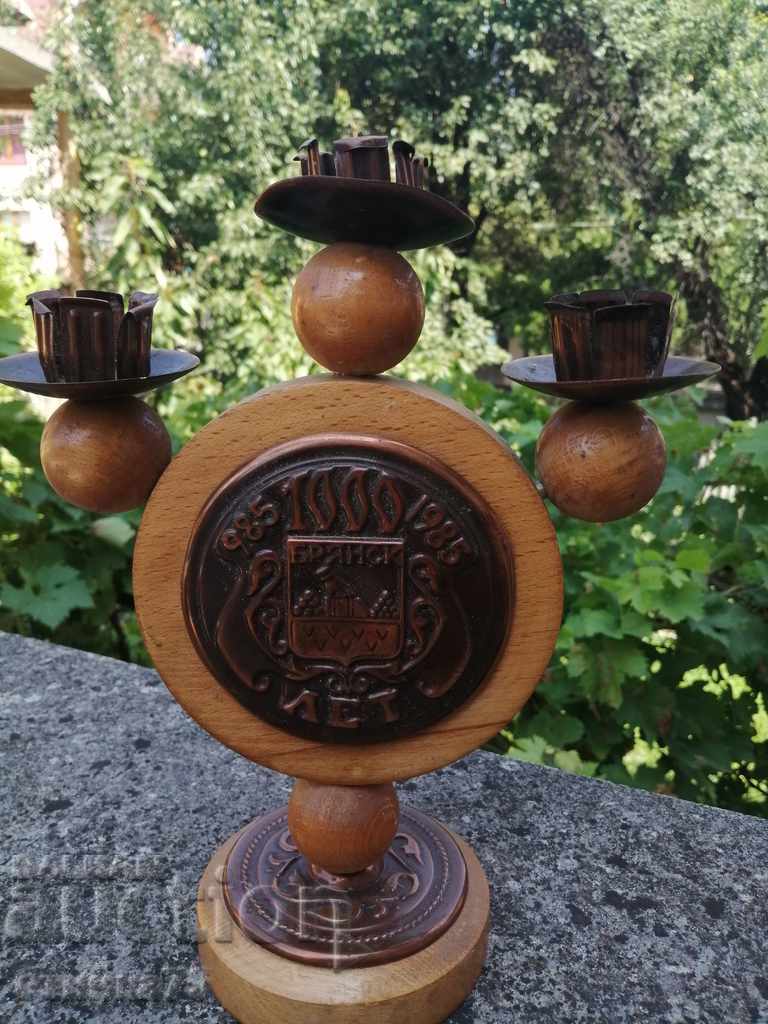 WOODEN CANDLEHOLDER WITH COPPER APPLICATIONS BRYANSK