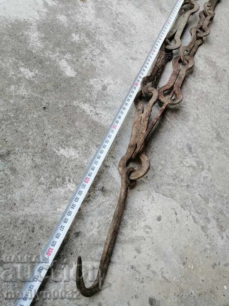 Auction  Old forged chain with hook, hearth for hearth chain hook