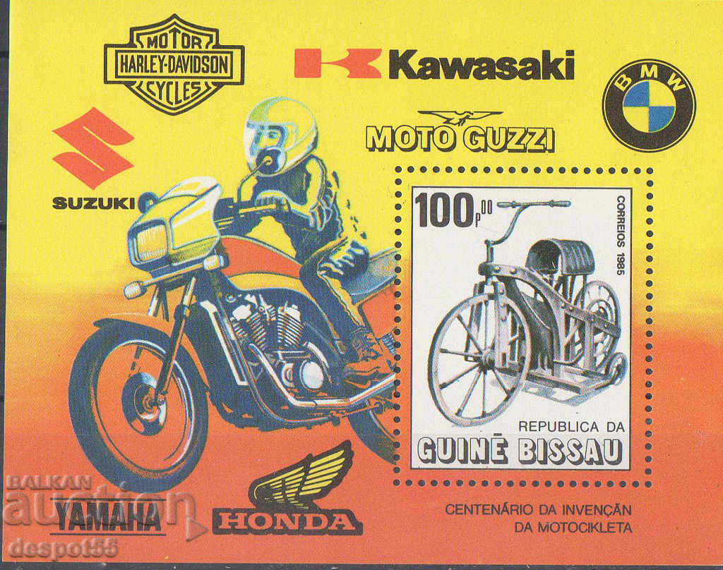 1985. Guinea-Bissau. 100 years of the first motorcycles. Block.