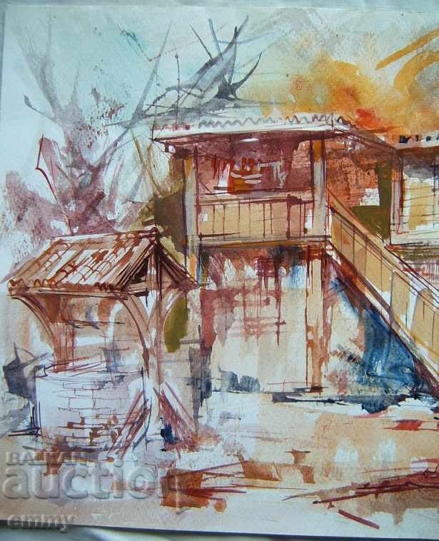 Auction Watercolor old house with garden Dimitar Velichkov 1998 signed Auction Watercolor old house with garden Dimitar Velichkov 1998 signed