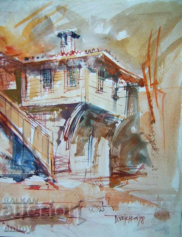 Delivery of Watercolor old house with garden Dimitar Velichkov 1998 signed Delivery of Watercolor old house with garden Dimitar Velichkov 1998 signed