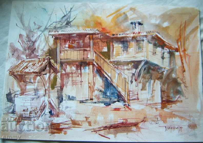 Watercolor old house with geranium Dimitar Velichkov 1998 signed