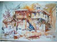 Watercolor old house with garden Dimitar Velichkov 1998 signed