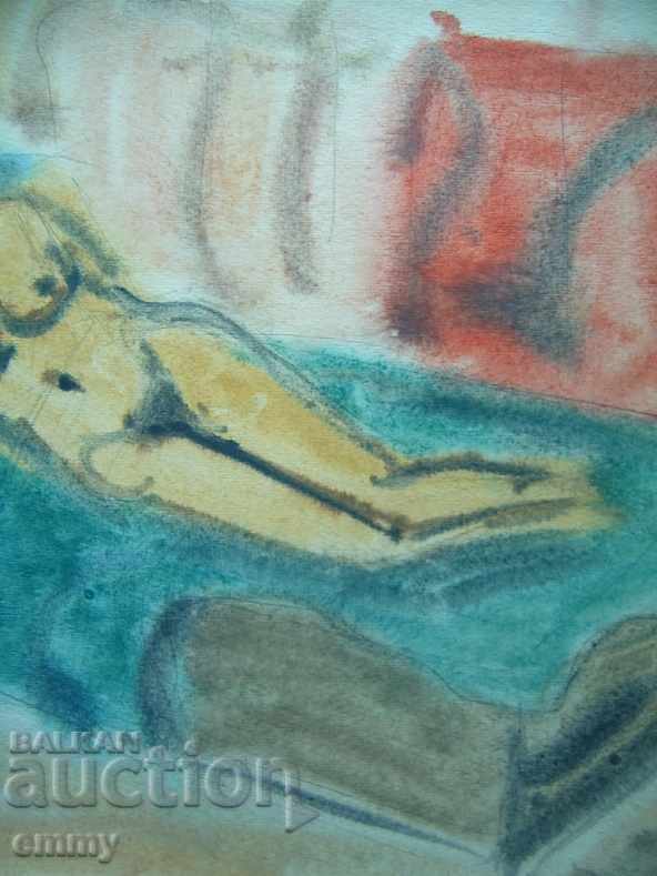 Auction  Old watercolor drawing naked wife body, not signed