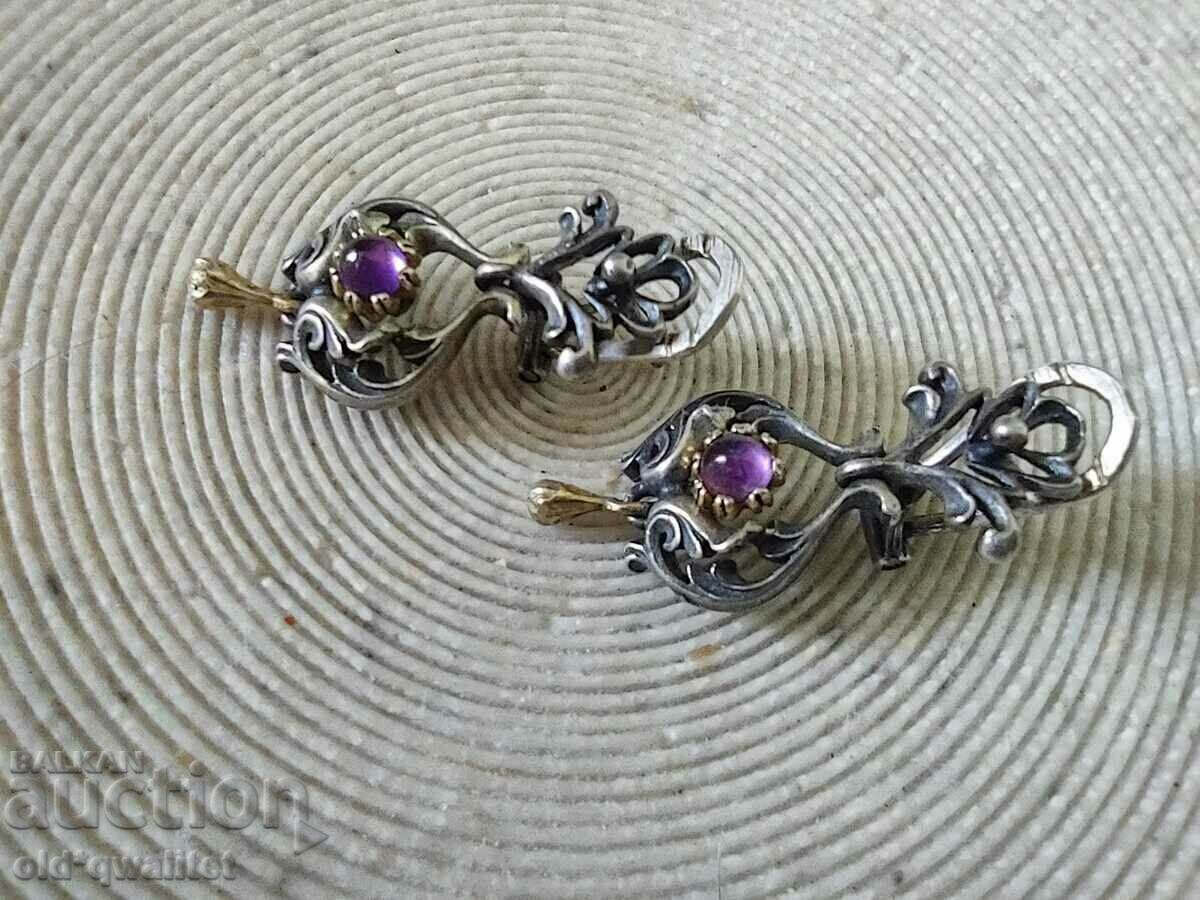 Silver EARRINGS with Gold and Amethyst, old handmade with price 397.00 BGN | € 202.98 Silver EARRINGS with Gold and Amethyst, old handmade with price 397.00 BGN | € 202.98