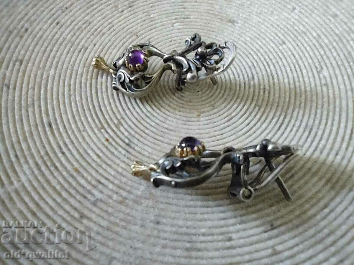Auction Silver EARRINGS with Gold and Amethyst, old handmade Auction Silver EARRINGS with Gold and Amethyst, old handmade