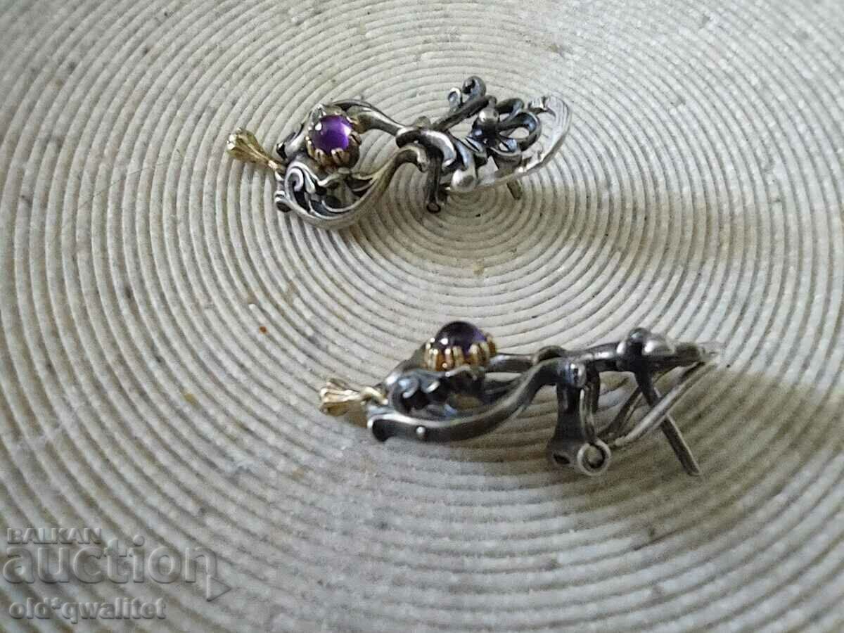 Delivery of Silver EARRINGS with Gold and Amethyst, old handmade Delivery of Silver EARRINGS with Gold and Amethyst, old handmade