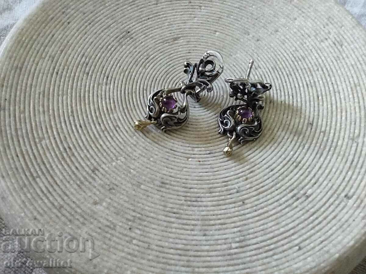 Silver EARRINGS with Gold and Amethyst, old handmade - 5 Silver EARRINGS with Gold and Amethyst, old handmade - 5