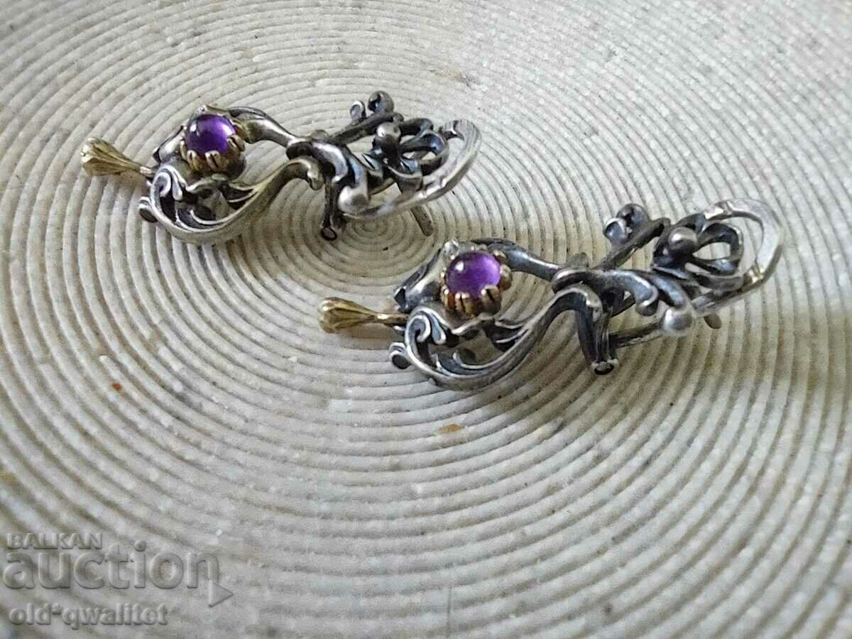 Silver EARRINGS with Gold and Amethyst, old handmade