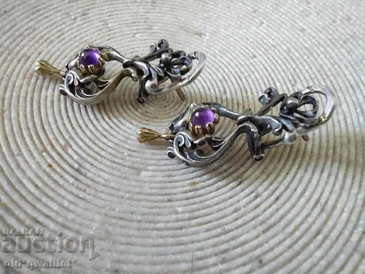 Silver EARRINGS with Gold and Amethyst, old handmade Silver EARRINGS with Gold and Amethyst, old handmade