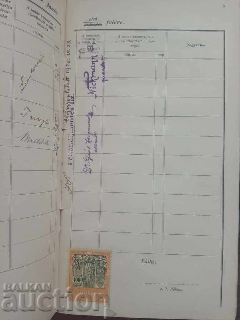 Delivery of Student book Hungarian Pazmany Peter University 1925