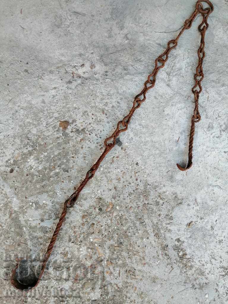 Auction  Old forged chain with hook, hearth for hearth chain hook