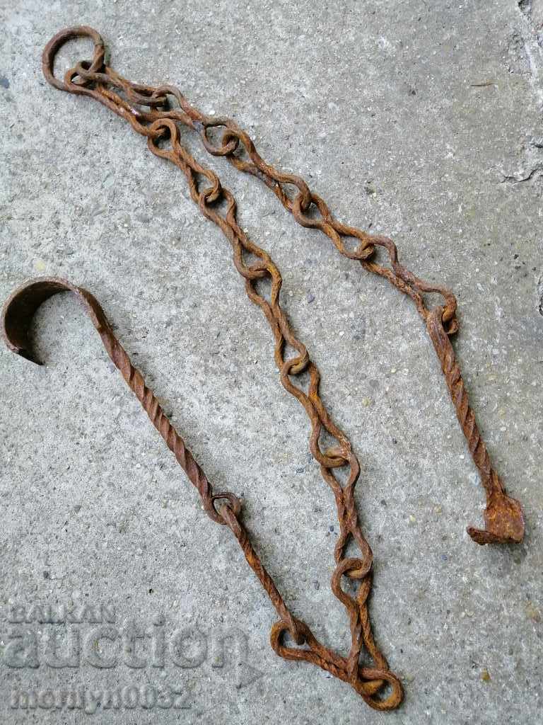 Old forged chain with hook, hearth for hearth chain hook - 7