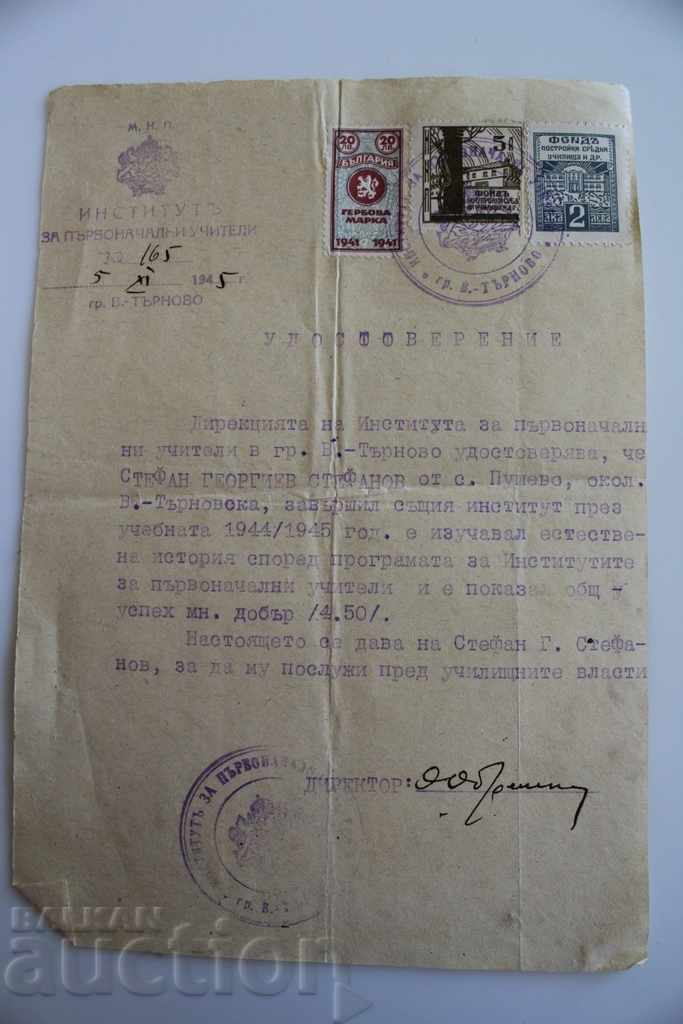 1945 INSTITUTE FOR PRIMARY TEACHERS CERTIFICATE DOCUMENT