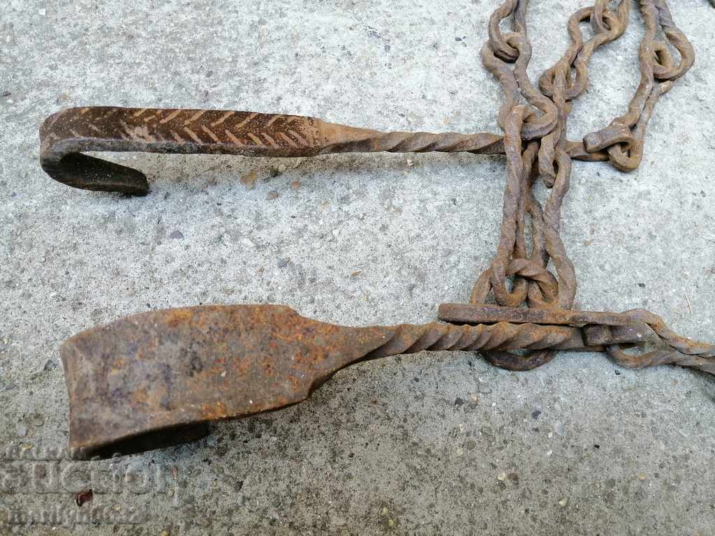 Auction Old forged chain with hook, hearth for hearth chain hook Auction Old forged chain with hook, hearth for hearth chain hook