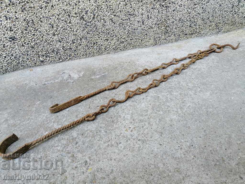 Auction  Old forged chain with hook, hearth for hearth chain hook