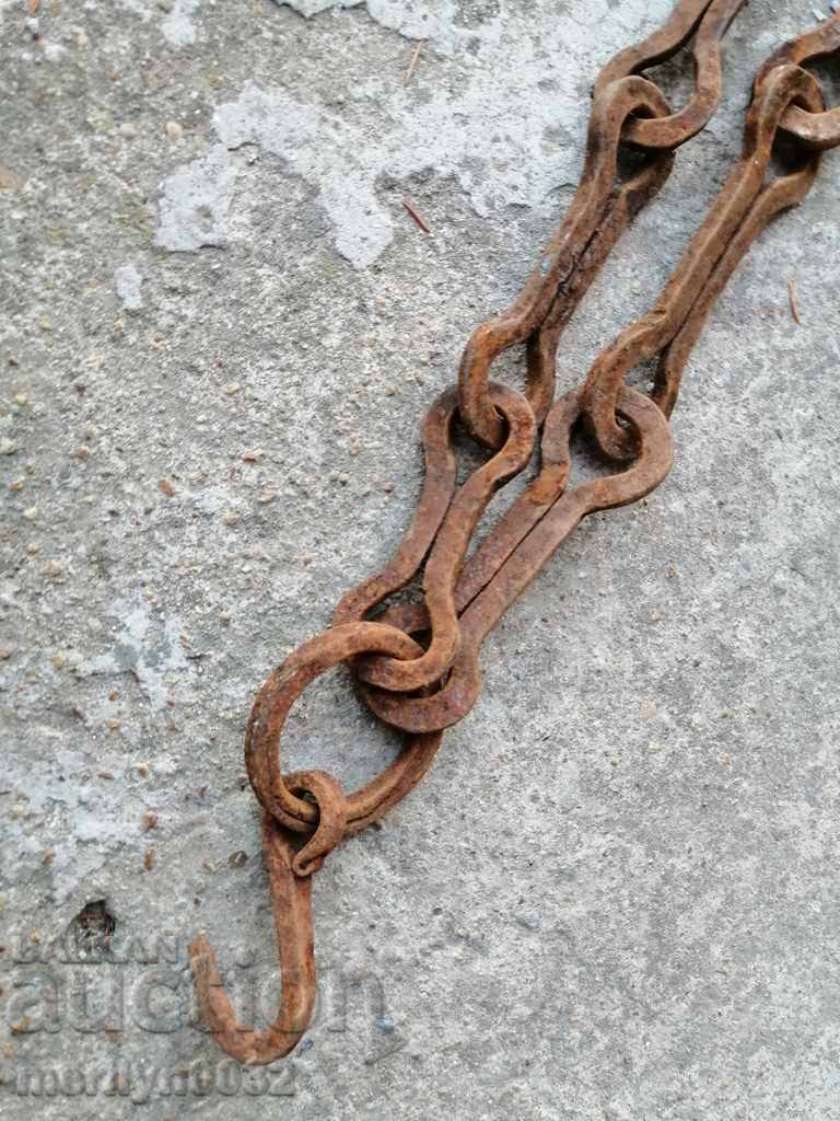 Auction Old forged chain with hook, hearth for hearth chain hook Auction Old forged chain with hook, hearth for hearth chain hook