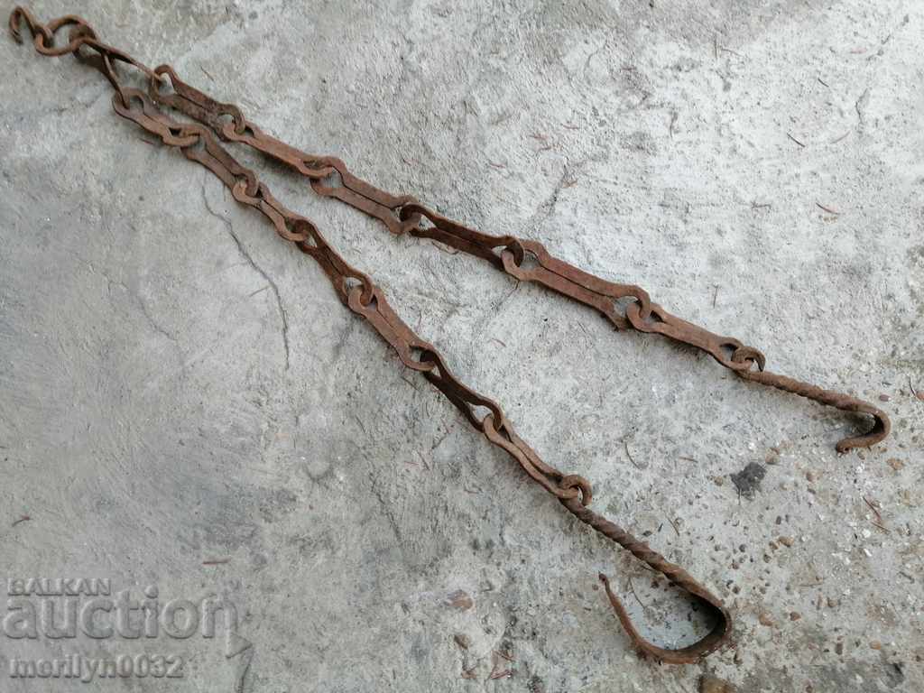 Auction Old forged chain with hook, hearth for hearth chain hook Auction Old forged chain with hook, hearth for hearth chain hook