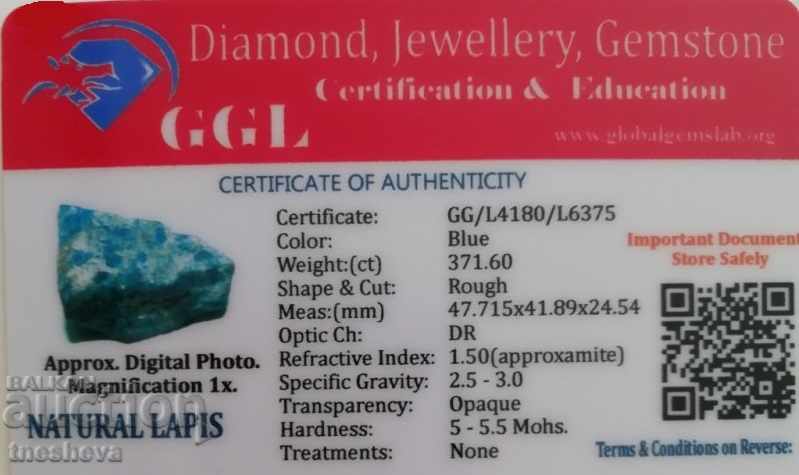 Lapis lazuli natural 371.60 Ct cu certificat cu preț € 39.65 | 77.55 BGN