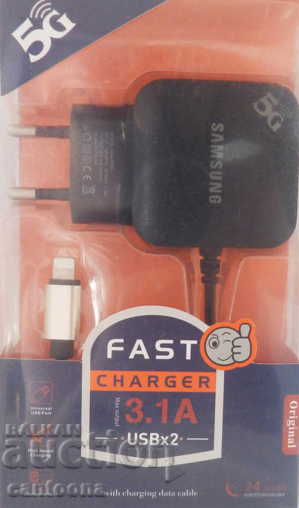 Fast charger with 2 USB ports and Lightning socket for iPhone