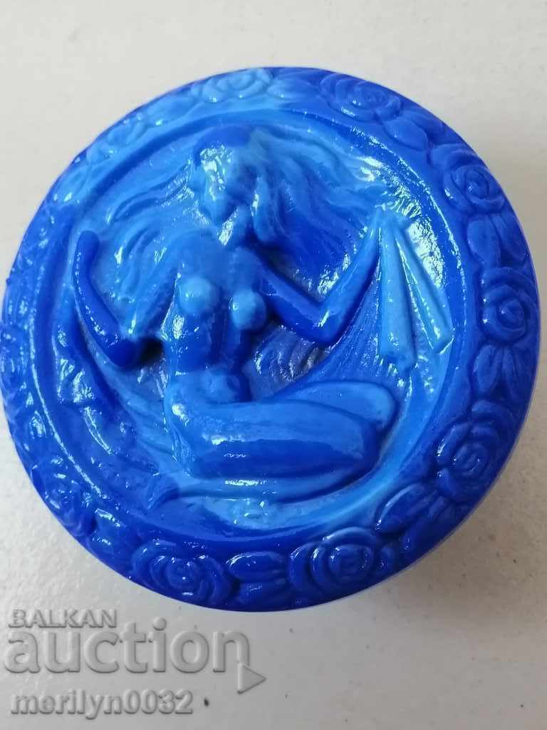 Old Art Deco blue glass pomade cream jar with price 97.00 BGN | € 49.60 Old Art Deco blue glass pomade cream jar with price 97.00 BGN | € 49.60