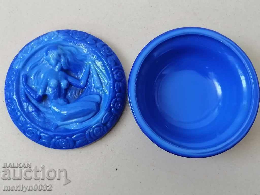 Auction Old Art Deco blue glass pomade cream jar Auction Old Art Deco blue glass pomade cream jar