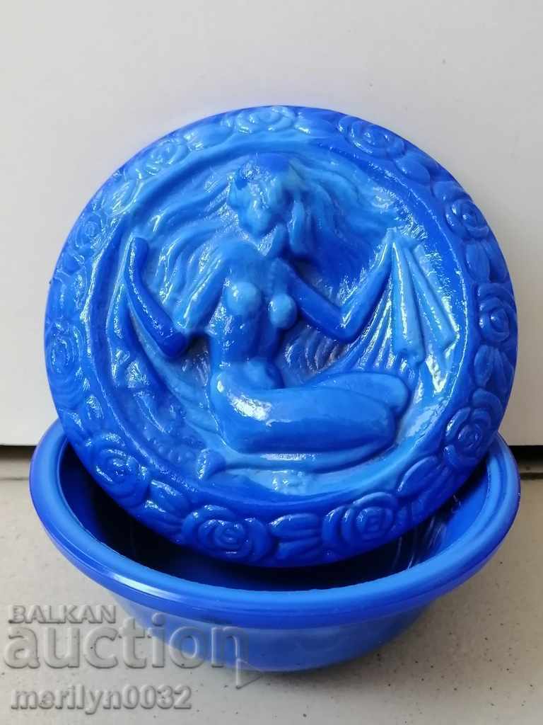 Delivery of Old Art Deco blue glass pomade cream jar Delivery of Old Art Deco blue glass pomade cream jar